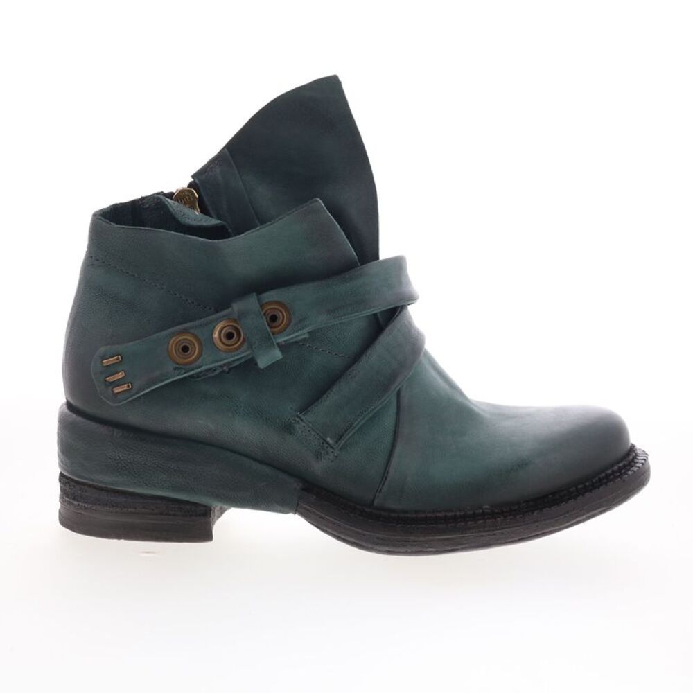 A.S.98 Teal Green Leather Wrap-Strap Ankle Boots